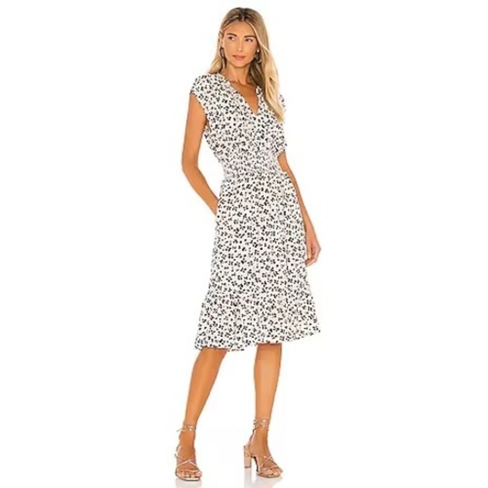 Rails Ashlyn Leopard Print Smocked Waist Midi Dress White Black Animal Print M